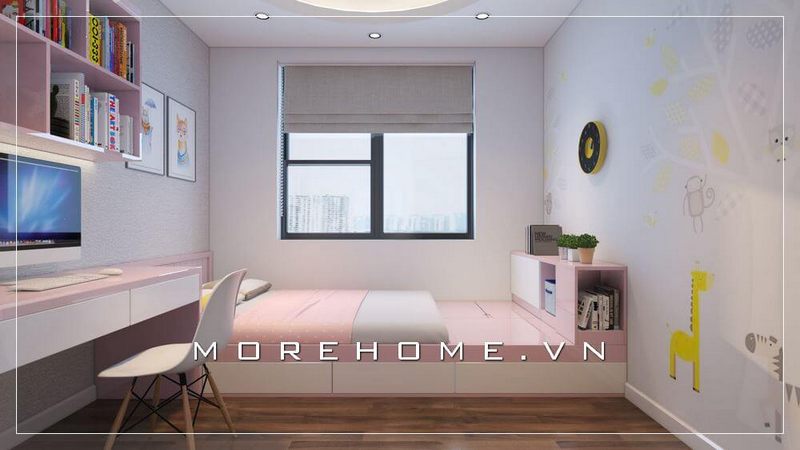 Lựa chọn mẫu giường ngủ gỗ công nghiệp với sự kết hợp hài hòa giữa gam màu trắng - hồng chủ đạo cho phòng ngủ bé gái